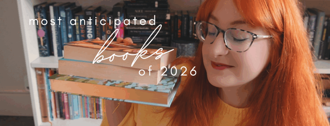 a ginger girl holding up a stack of books