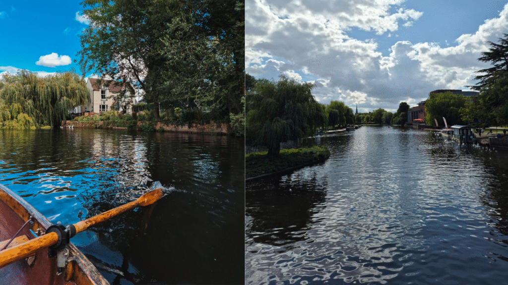 Two photos side by side. One of a row boat on the River Avon, and the second a pov shot from the rowboat